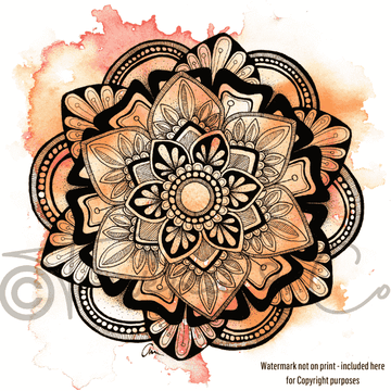 Close up of Summer of mandala design with pink water colour background designed by Aimee Fergusson